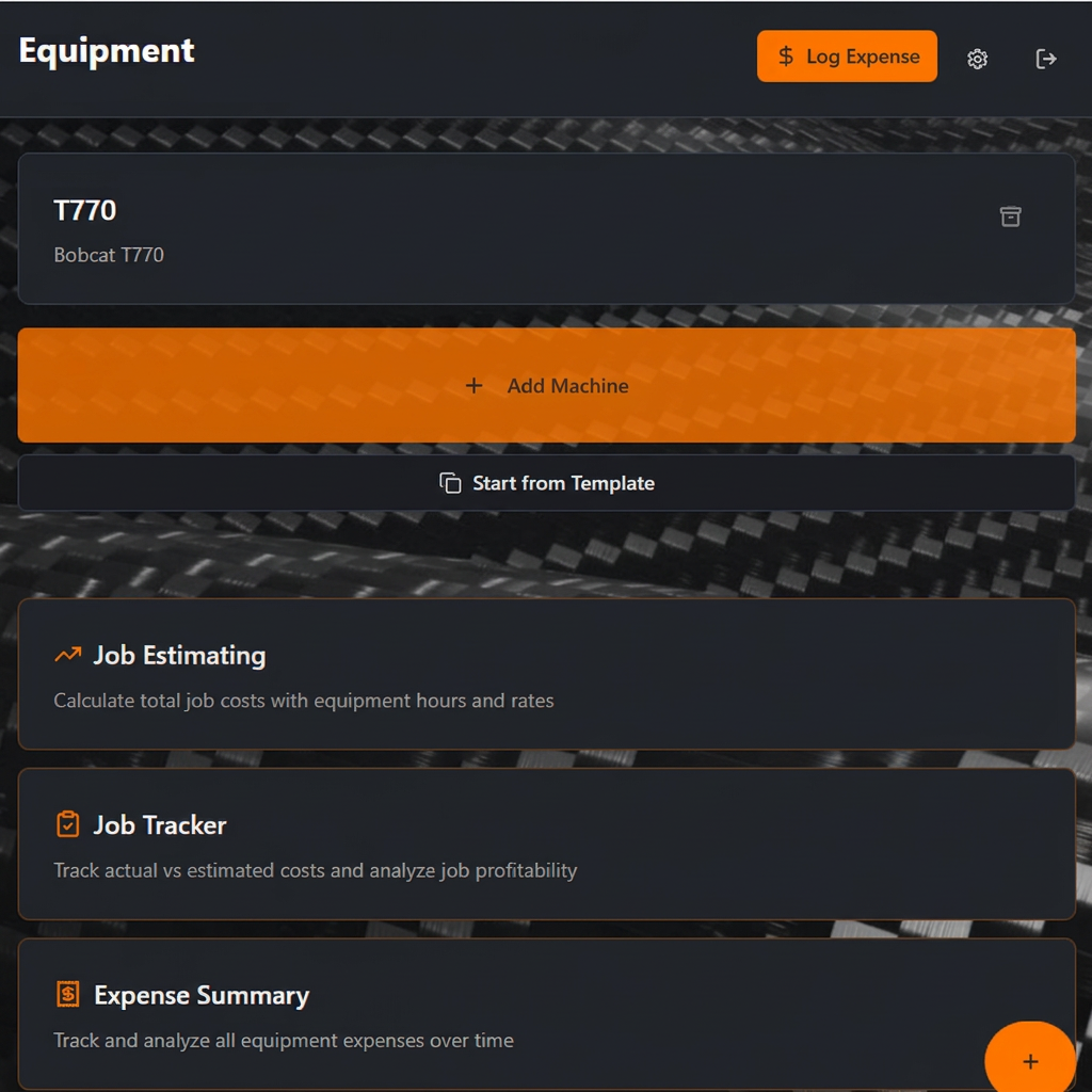 TRUEHOUR app dashboard showing equipment list, job estimating, job tracker, and expense summary features