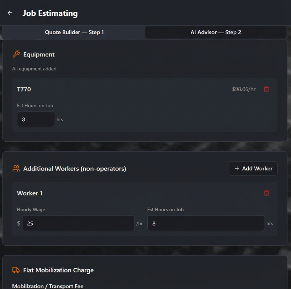 TRUEHOUR Job Estimating Quote Builder showing equipment selection, estimated hours, additional workers, and mobilization charges