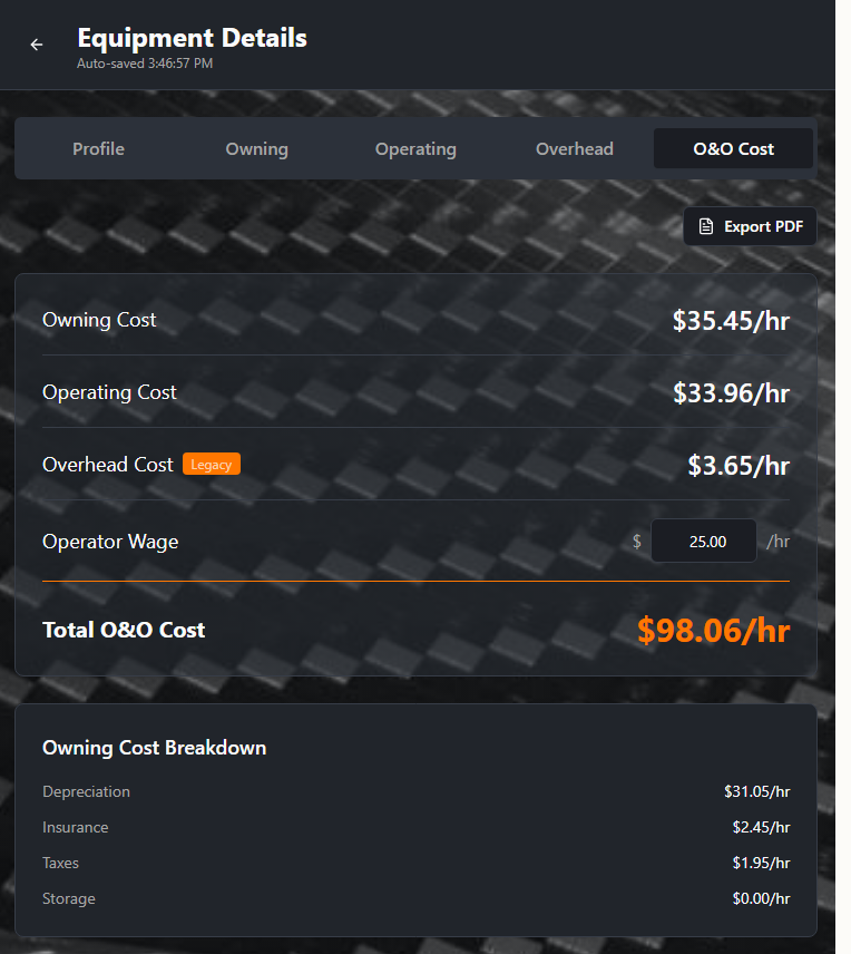 TRUEHOUR Equipment Details showing O&O Cost tab with Owning Cost, Operating Cost, Overhead Cost auto-applied, Operator Wage, and Total O&O Cost