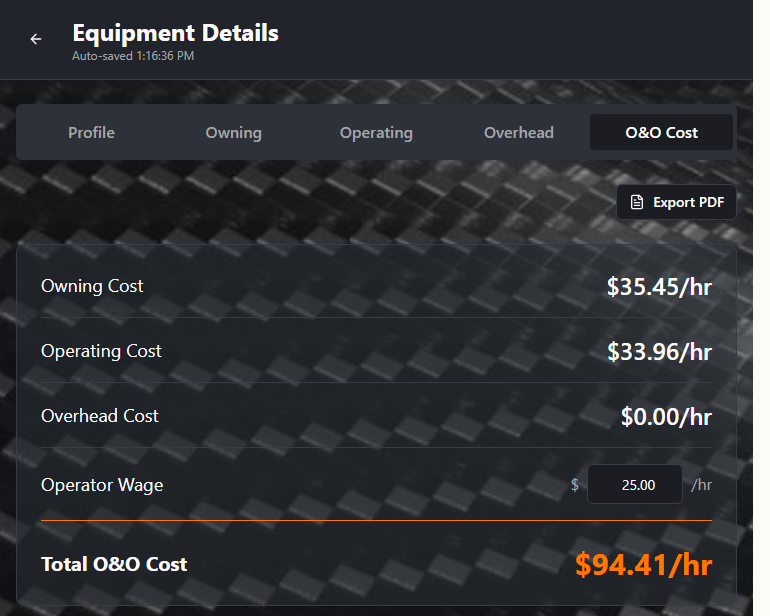 TRUEHOUR O&O Cost Results showing Owning Cost, Operating Cost, Overhead Cost, Operator Wage, and Total O&O Cost breakdown