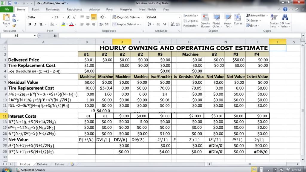 Complex equipment cost spreadsheet with confusing formulas and #DIV/0! errors