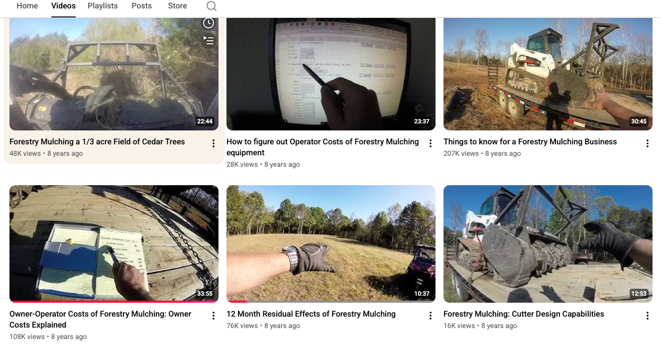 Clevinger Forest Services YouTube videos about forestry mulching, equipment ownership costs, and operator costs, with videos receiving tens of thousands to more than 200,000 views.